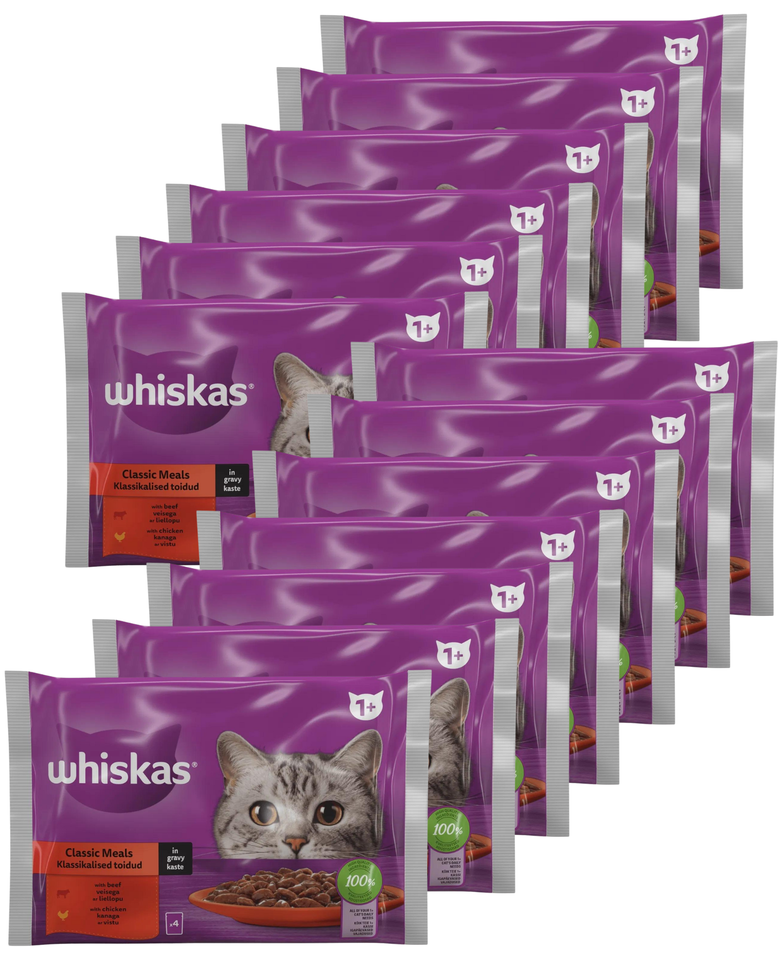 Konservuotas kačių ėdalo rinkinys WHISKAS Classic Meals, 13 vnt., 4 x 85 g